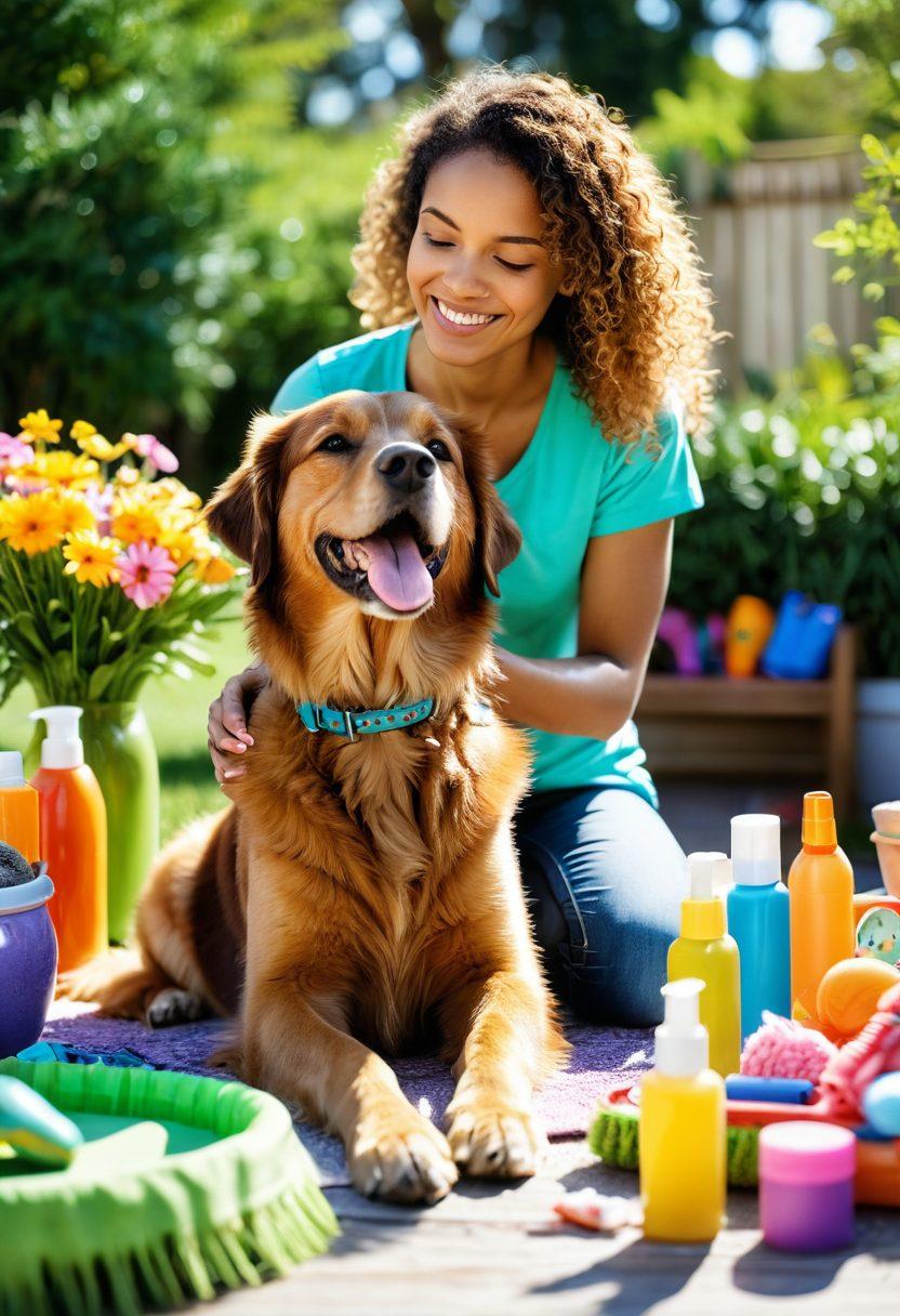 A heartwarming scene of a pet owner lovingly grooming their happy dog, surrounded by colorful pet care products like brushes, shampoos, and toys. In the background, a sunlit park with playful pets and joyful children adds to the atmosphere of love and well-being. Include vibrant green grass and blooming flowers to enhance the feeling of a beautiful day spent with pets. super-realistic. vibrant colors. soft focus.