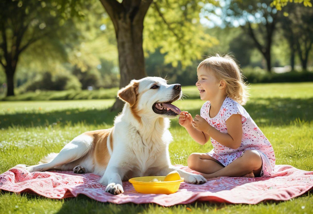 A heartwarming scene of a playful dog and a joyful child playing in a sunny park, surrounded by vibrant green grass and blooming flowers. Capture the bond between them as they share a moment of laughter, with soft sunlight filtering through trees. Include elements like a Frisbee, a picnic blanket, and a water bowl to signify wellness and joy in pet care. super-realistic. vibrant colors. sunny atmosphere.